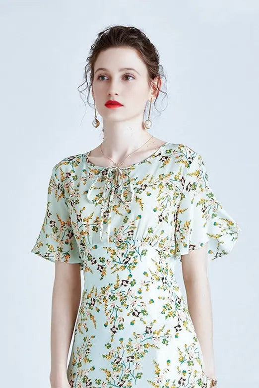 Fibflx Women's Silk Floral Short Sleeve Midi Dress