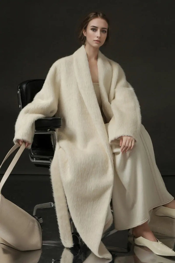 Fibflx Women's 100 Peru Suri Alpaca Wool Shawl Collar Long Wrap Coat with Belt