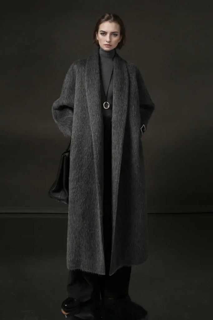 Fibflx Women's 100 Peru Suri Alpaca Wool Shawl Collar Long Wrap Coat with Belt