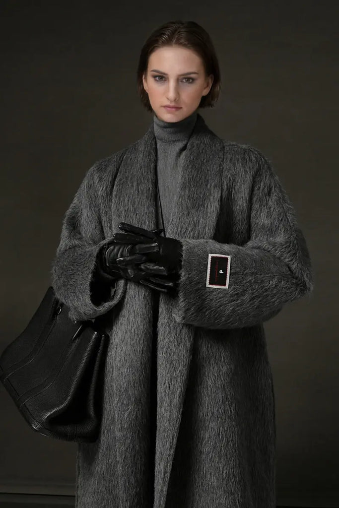 Fibflx Women's 100 Peru Suri Alpaca Wool Shawl Collar Long Wrap Coat with Belt