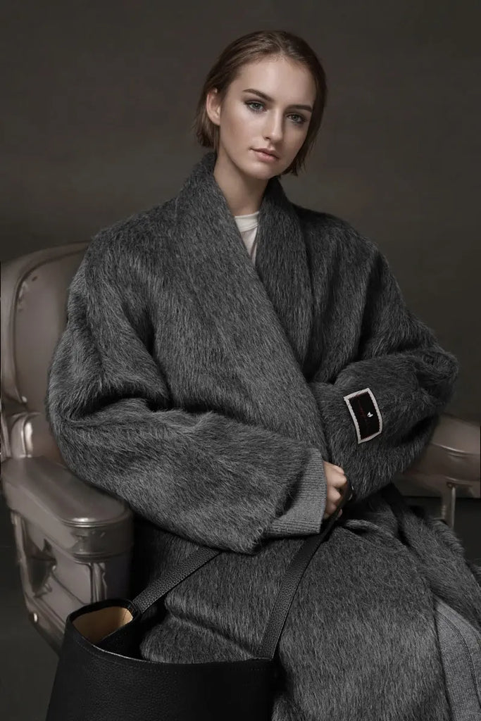 Fibflx Women's 100 Peru Suri Alpaca Wool Shawl Collar Long Wrap Coat with Belt