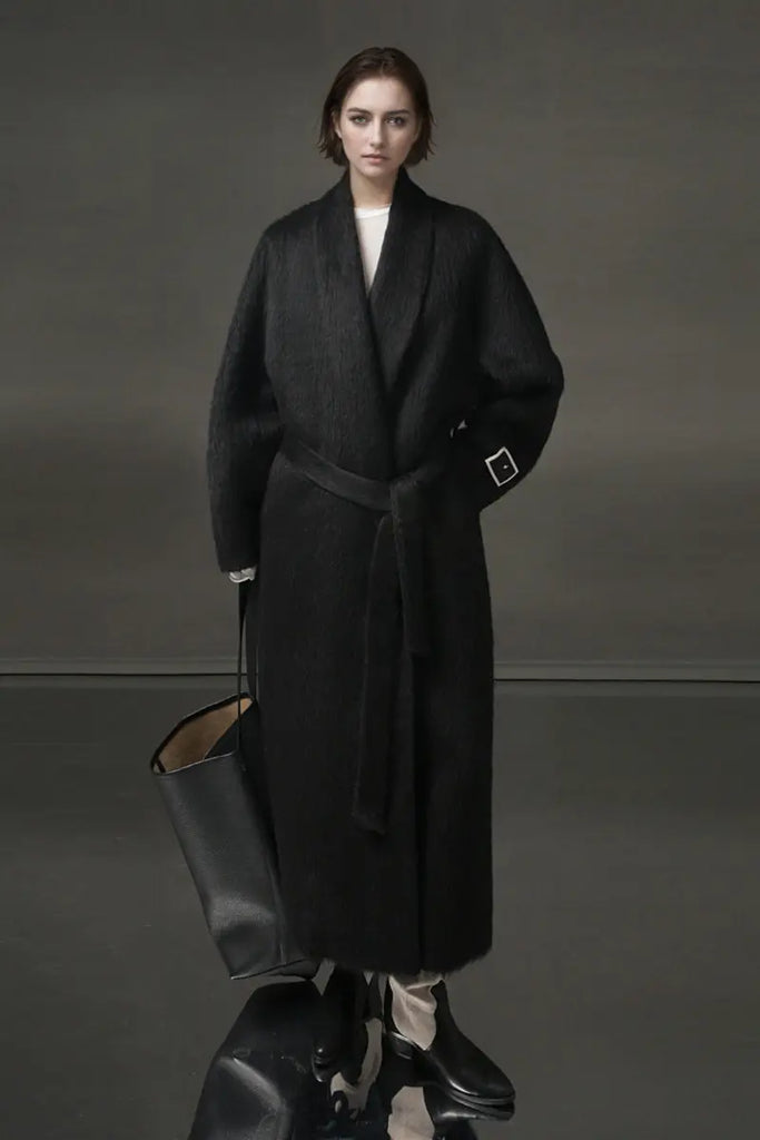 Fibflx Women's 100 Peru Suri Alpaca Wool Shawl Collar Long Wrap Coat with Belt