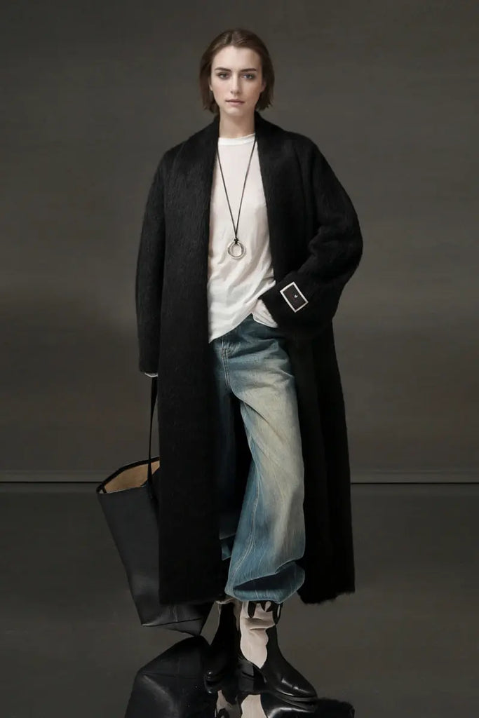 Fibflx Women's 100 Peru Suri Alpaca Wool Shawl Collar Long Wrap Coat with Belt