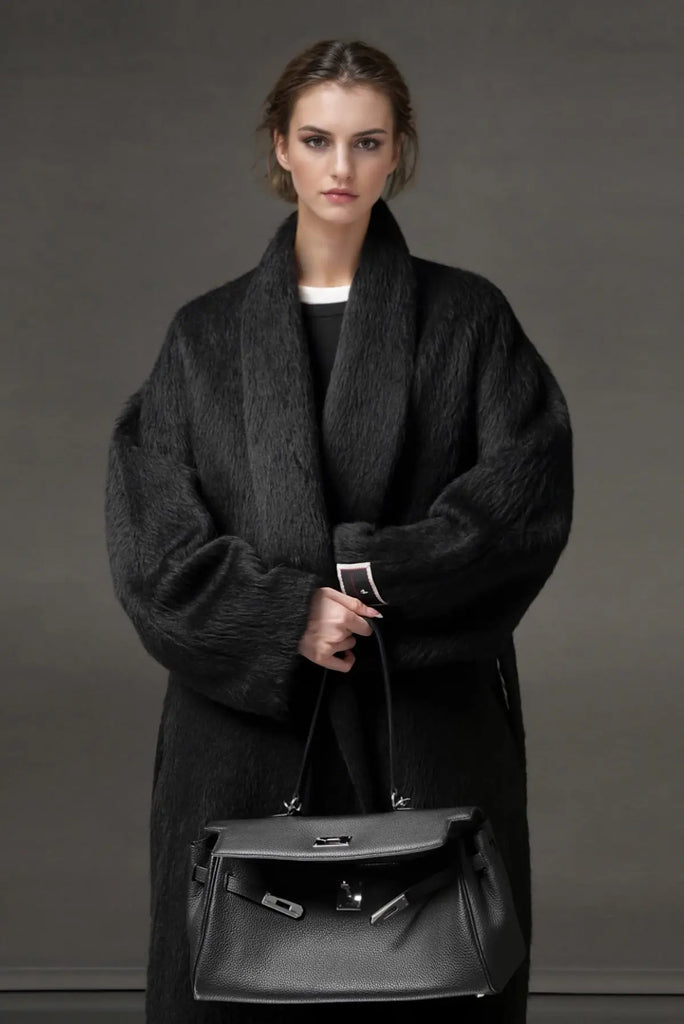 Fibflx Women's 100 Peru Suri Alpaca Wool Shawl Collar Long Wrap Coat with Belt