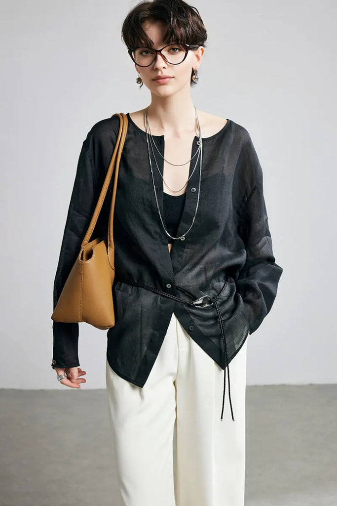 100 Ramie Oversized Sheer Collarless Beach Shirt - Fibflx