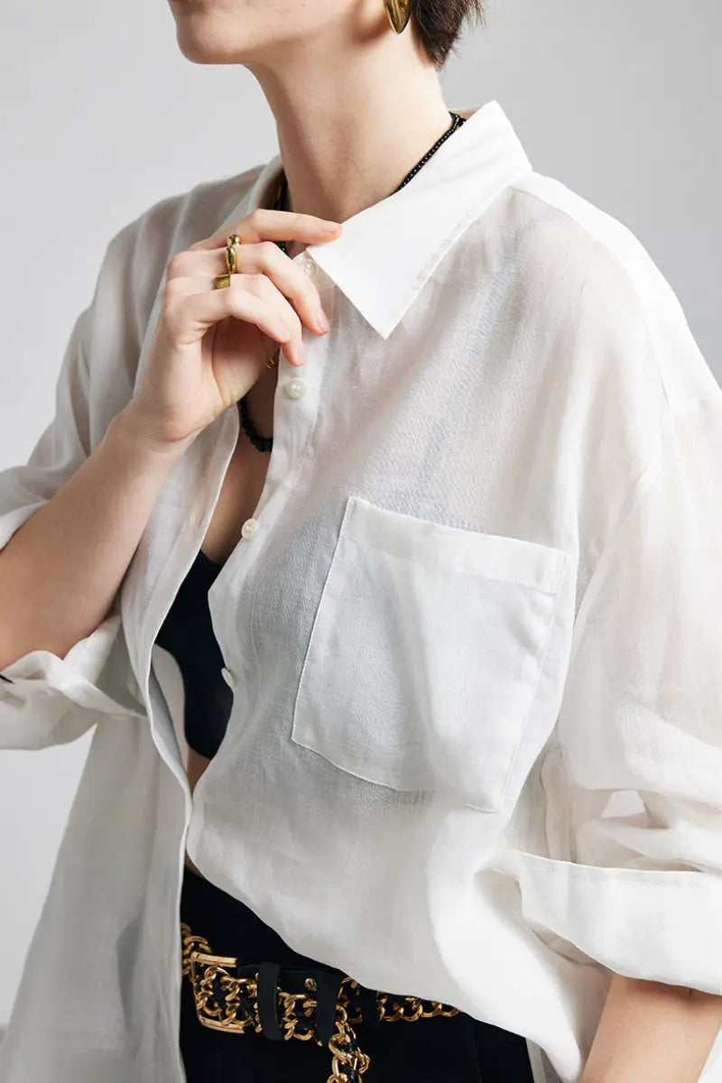 100 Ramie Oversized Sheer Drop-Shoulder Beach Shirt | FIBFLX