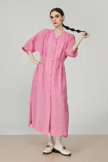 100 Ramie Pink Belted Shirt Midi Dress - Fibflx