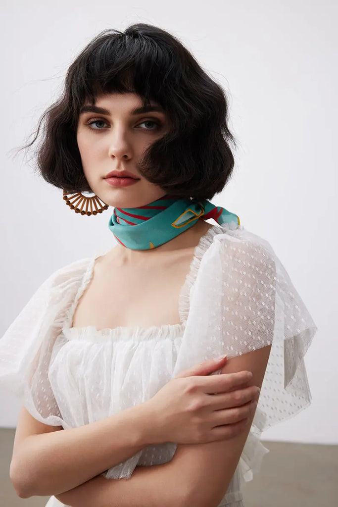 100 Silk Designer Ocean-Print Square Scarf in Blue - Fibflx