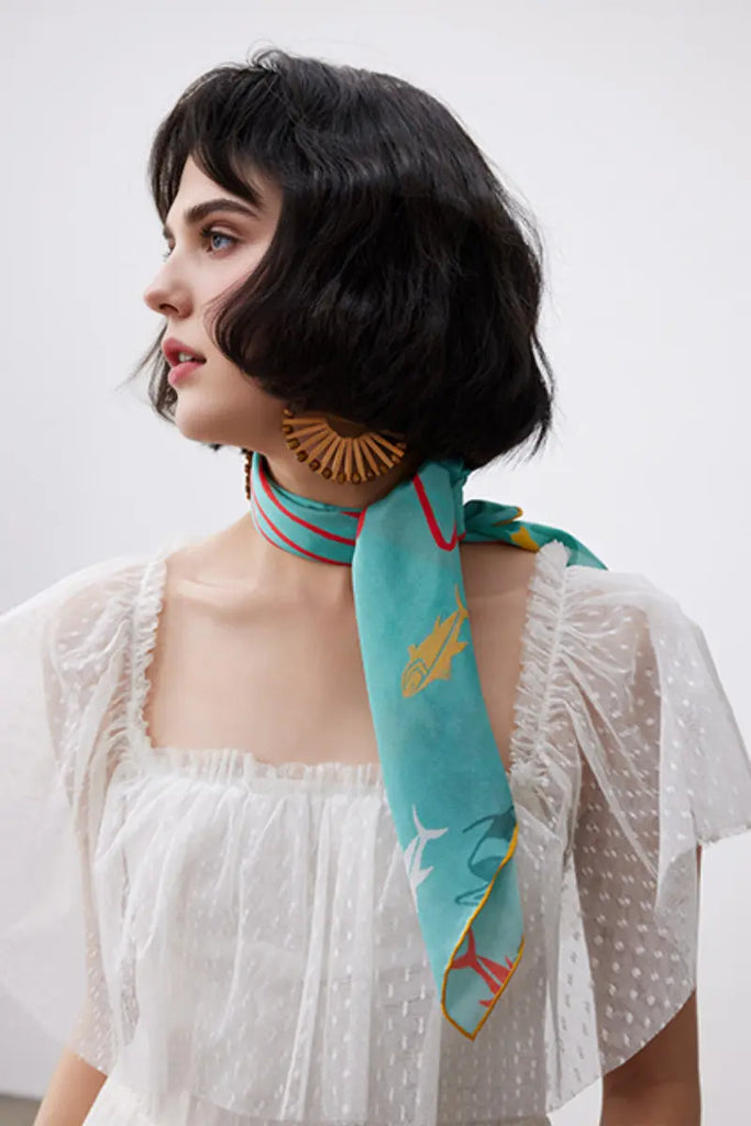 100 Silk Designer Ocean-Print Square Scarf in Blue - Fibflx