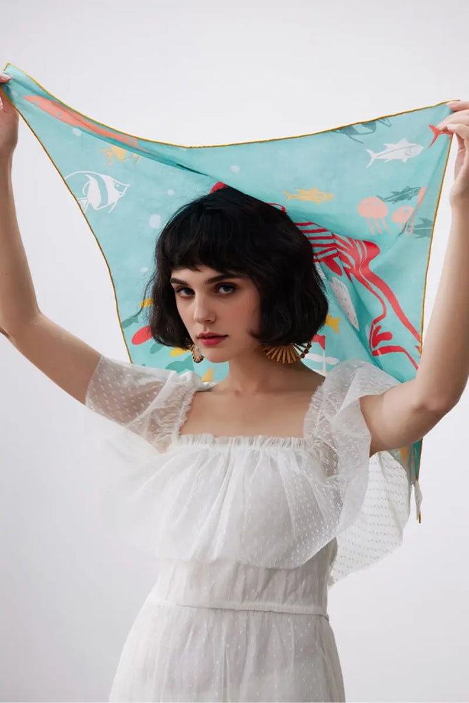 100 Silk Designer Ocean-Print Square Scarf in Blue - Fibflx