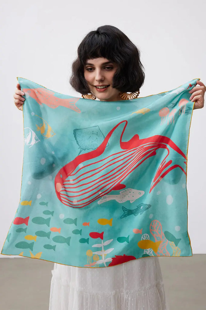 100 Silk Designer Ocean-Print Square Scarf in Blue - Fibflx