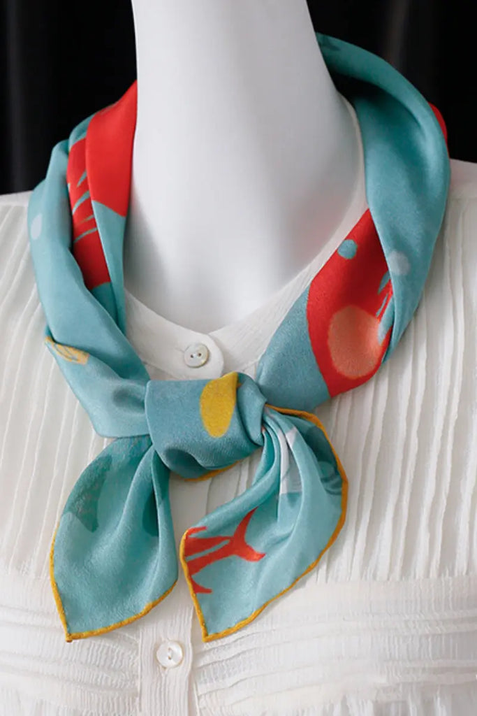 100 Silk Designer Ocean-Print Square Scarf in Blue - Fibflx
