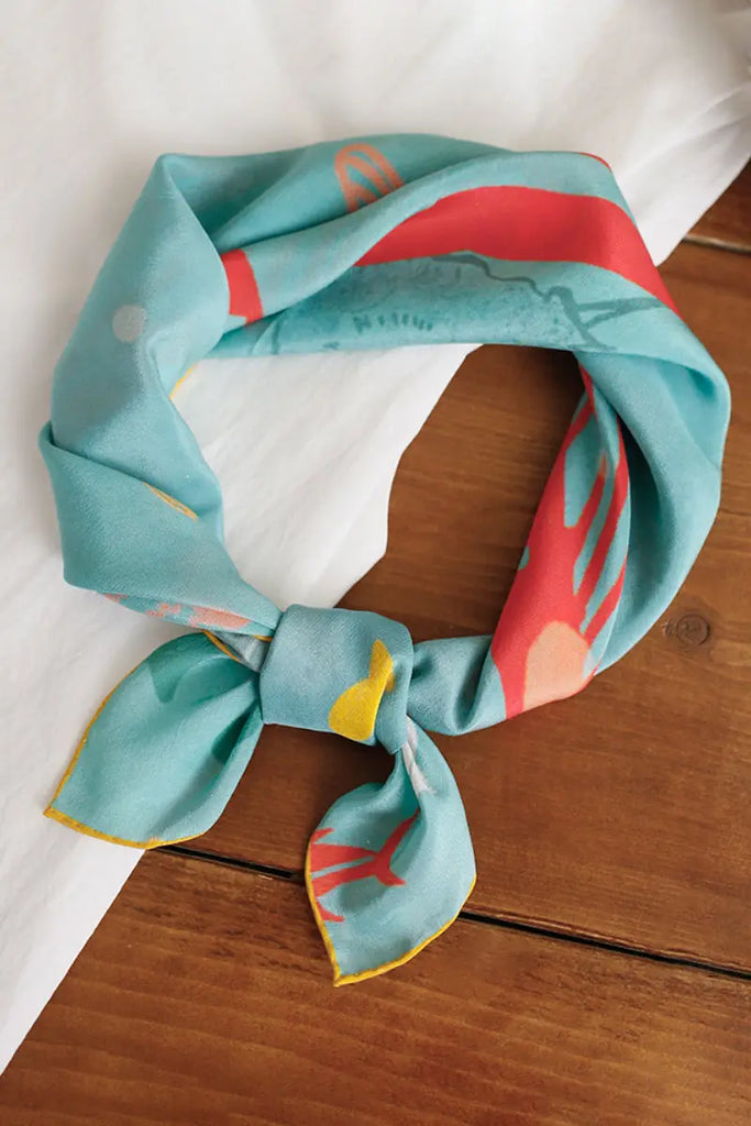 100 Silk Designer Ocean-Print Square Scarf in Blue - Fibflx