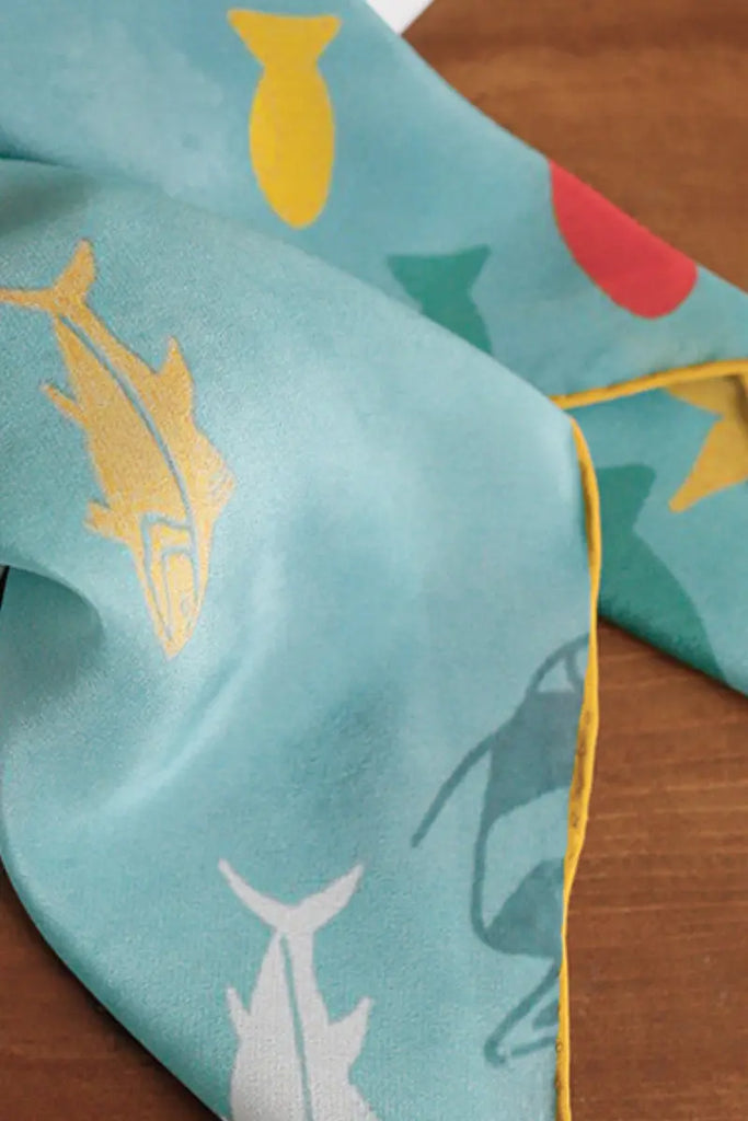 100 Silk Designer Ocean-Print Square Scarf in Blue - Fibflx