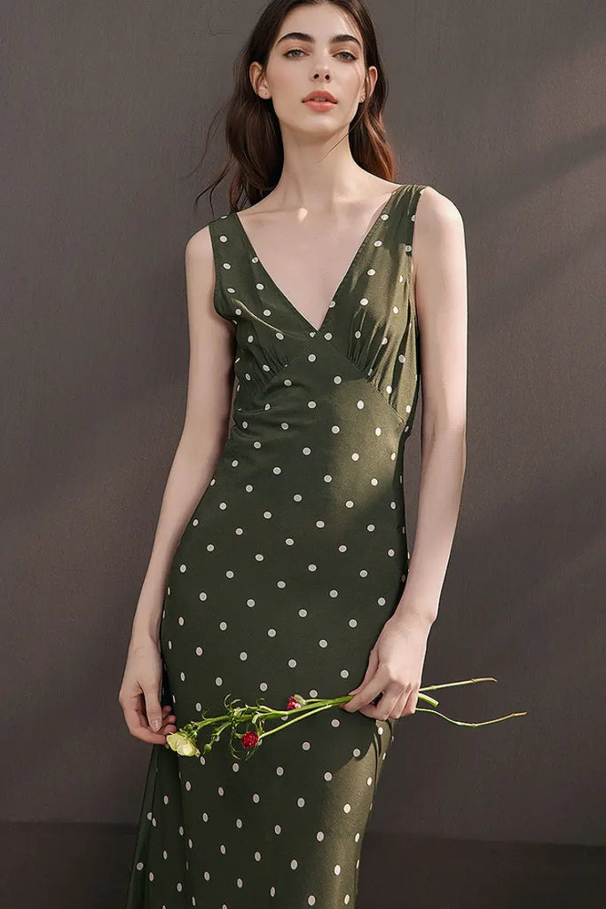 100 Silk Polka Dot Bias-Cut Midi Dress in Olive Green  Fibflx