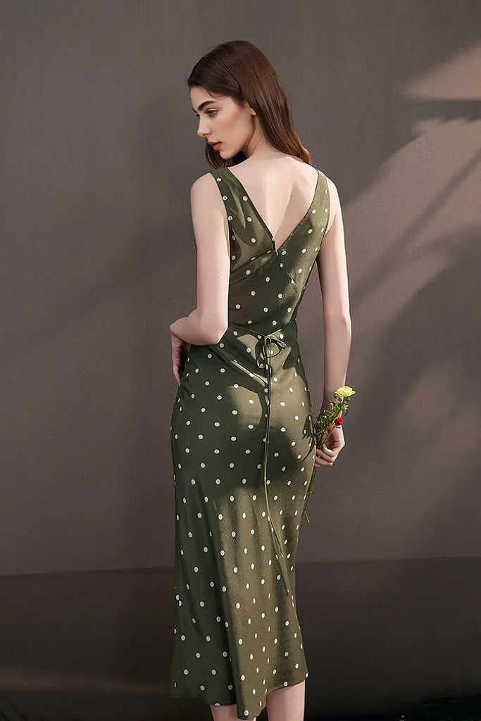 100 Silk Polka Dot Bias-Cut Midi Dress in Olive Green  Fibflx