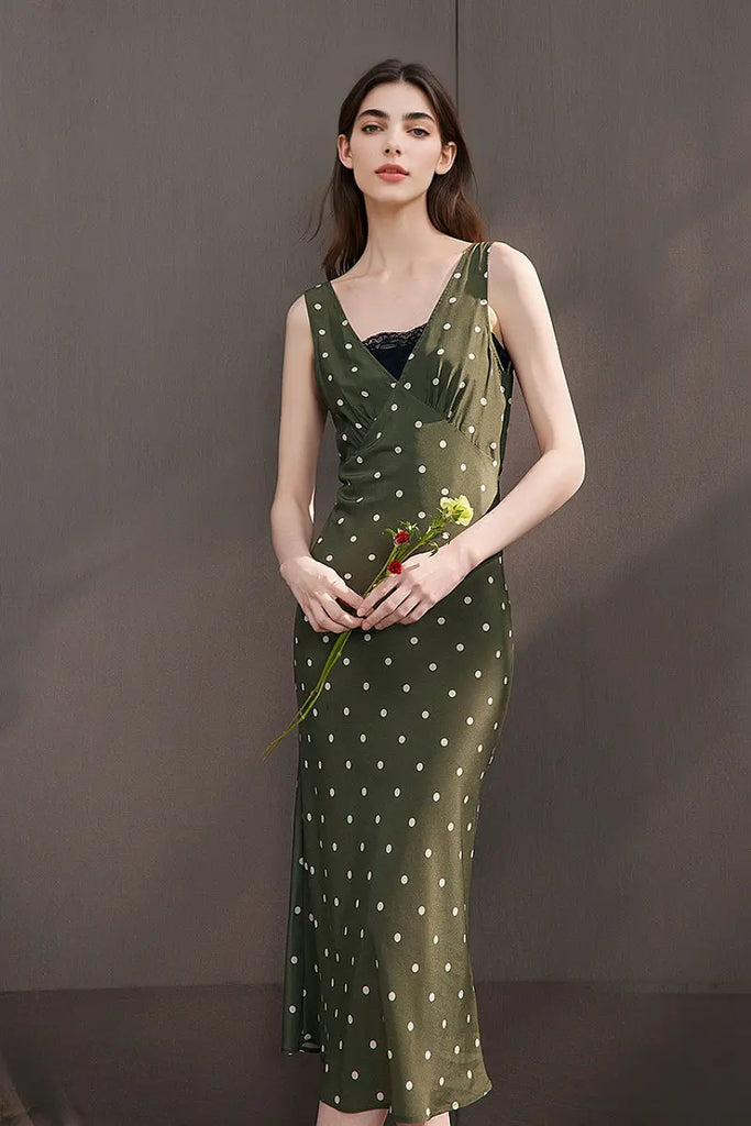 100 Silk Polka Dot Bias-Cut Midi Dress in Olive Green  Fibflx