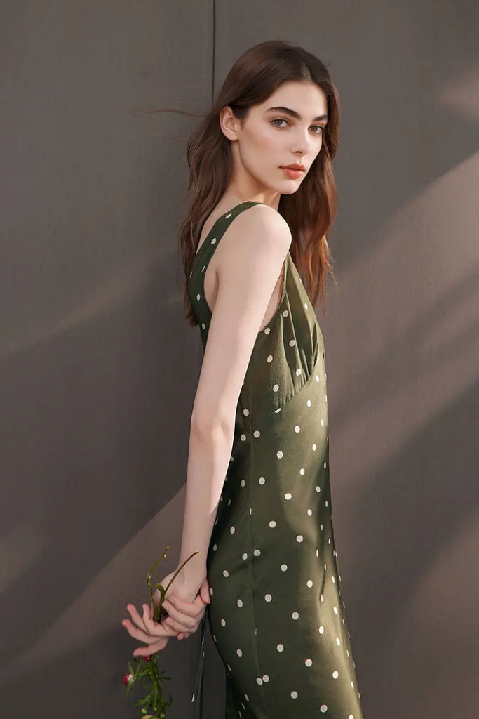 100 Silk Polka Dot Bias-Cut Midi Dress in Olive Green  Fibflx
