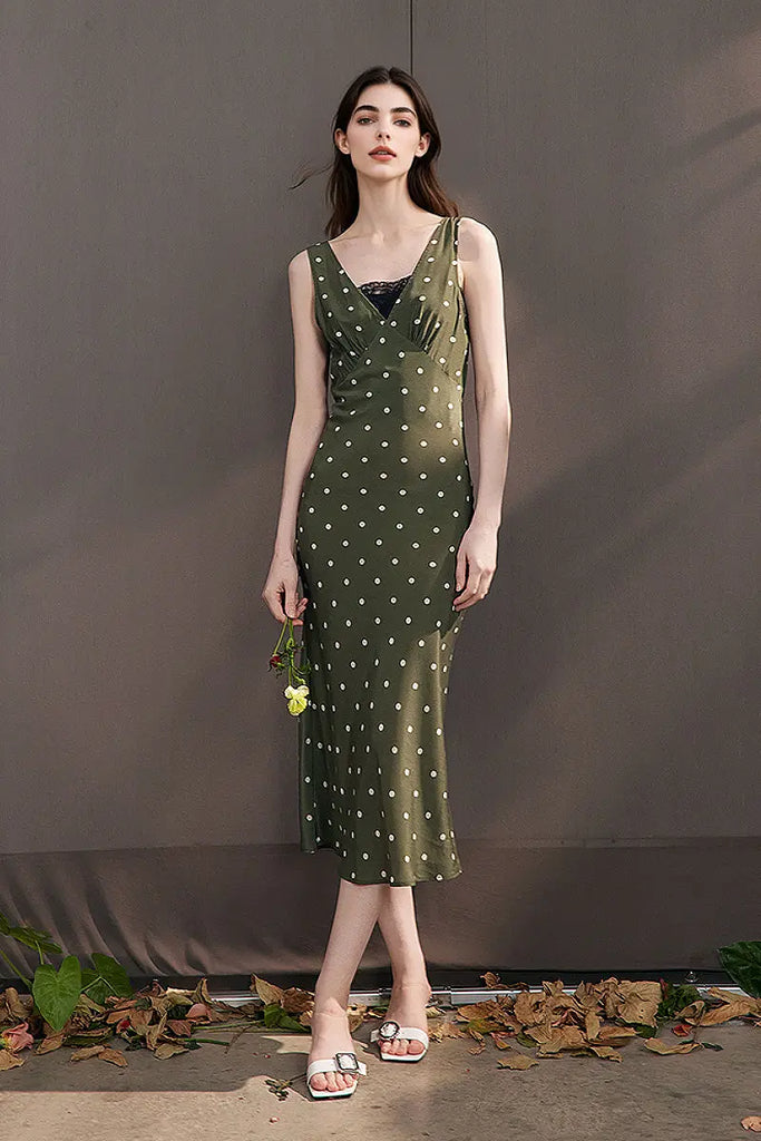100 Silk Polka Dot Bias-Cut Midi Dress in Olive Green Green N White Polka Dot / M Fibflx