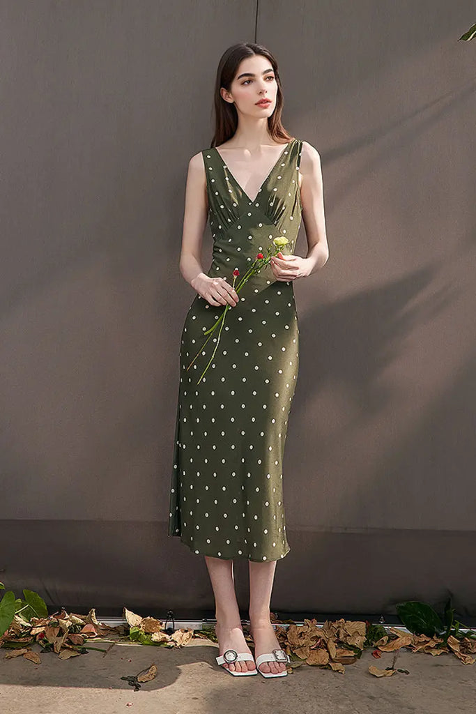 100 Silk Polka Dot Bias-Cut Midi Dress in Olive Green  Fibflx