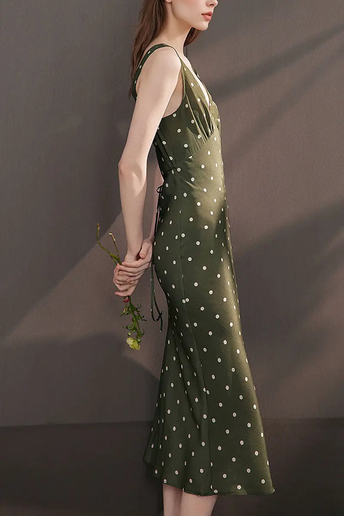 100 Silk Polka Dot Bias-Cut Midi Dress in Olive Green  Fibflx