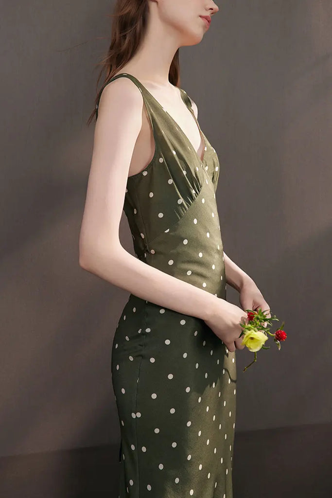100 Silk Polka Dot Bias-Cut Midi Dress in Olive Green  Fibflx