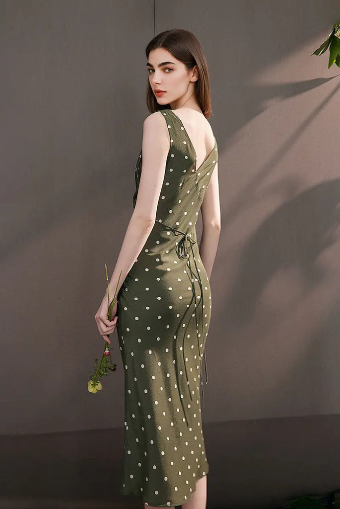 100 Silk Polka Dot Bias-Cut Midi Dress in Olive Green  Fibflx