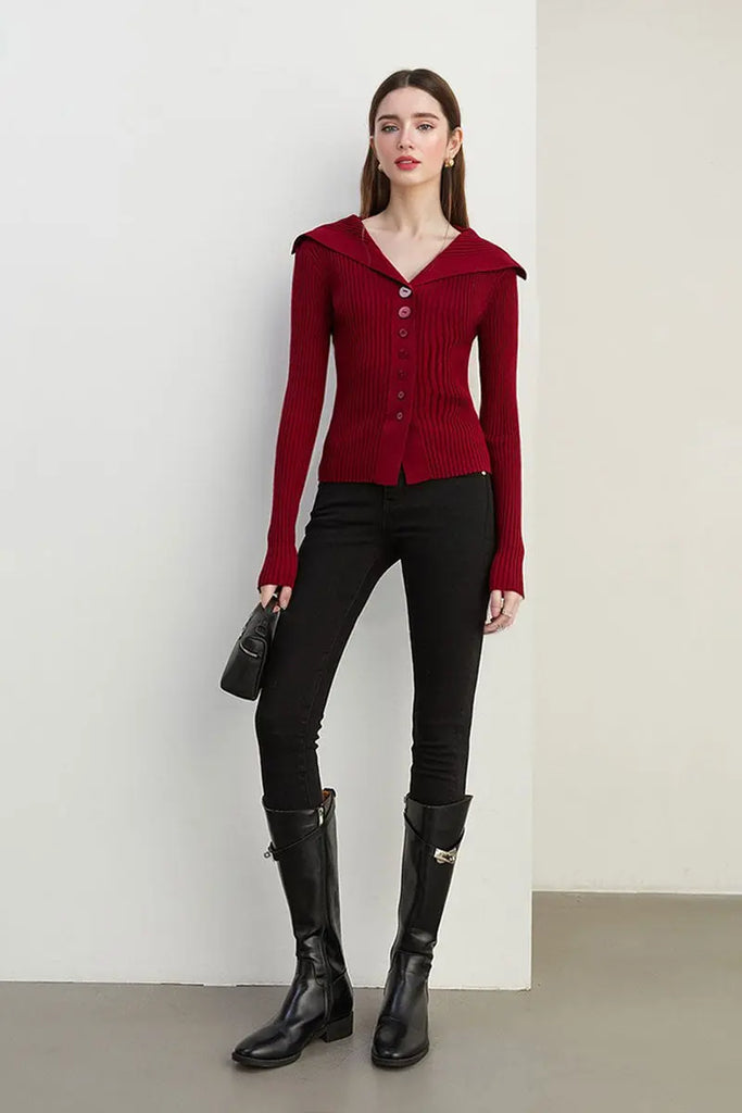 Fibflx Women's 100 Washable Wool Ribbed Cardigan with Oversized Collar