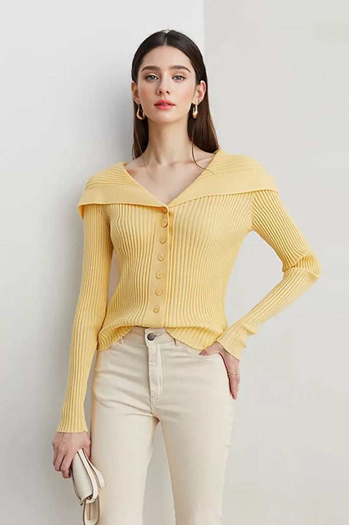 Fibflx Women's 100 Washable Wool Ribbed Cardigan with Oversized Collar