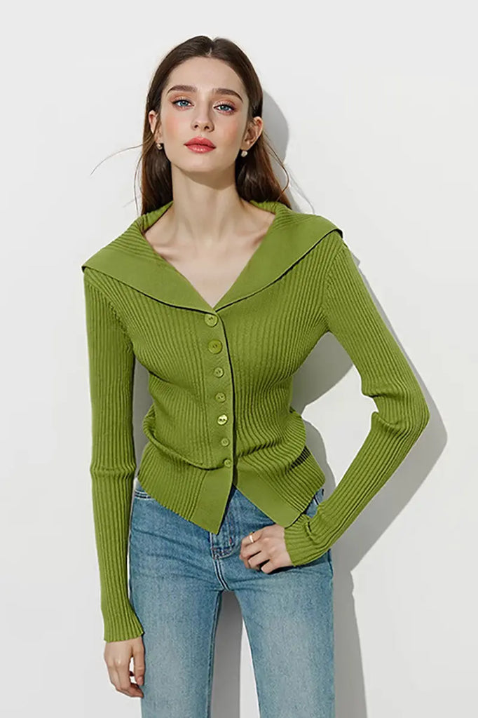 Fibflx Women's 100 Washable Wool Ribbed Cardigan with Oversized Collar