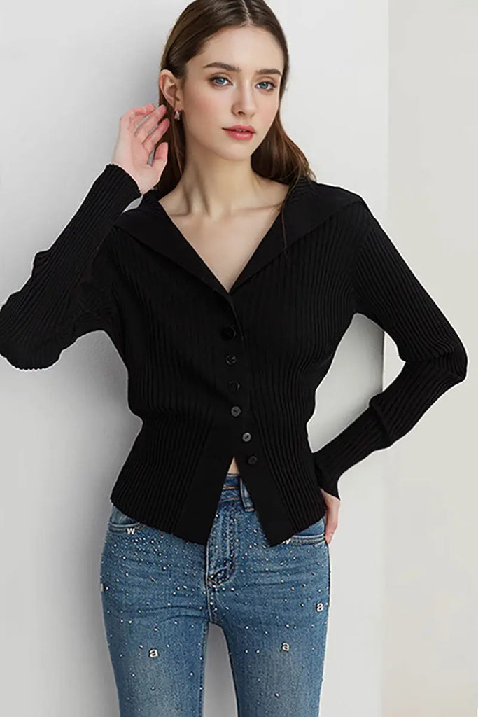 Fibflx Women's 100 Washable Wool Ribbed Cardigan with Oversized Collar