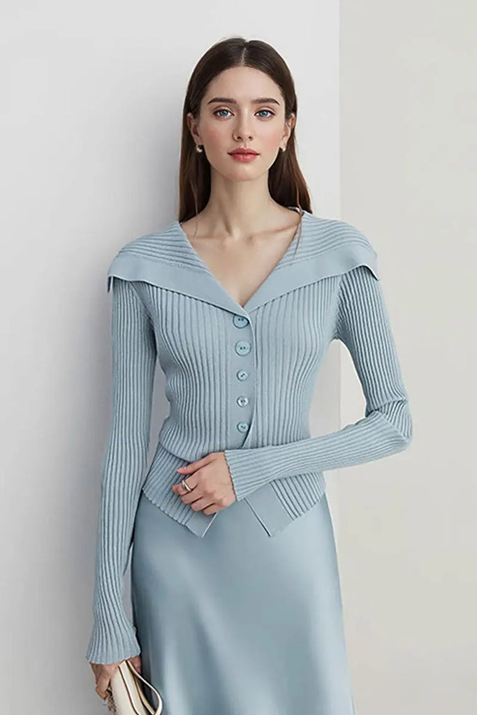 Fibflx Women's 100 Washable Wool Ribbed Cardigan with Oversized Collar