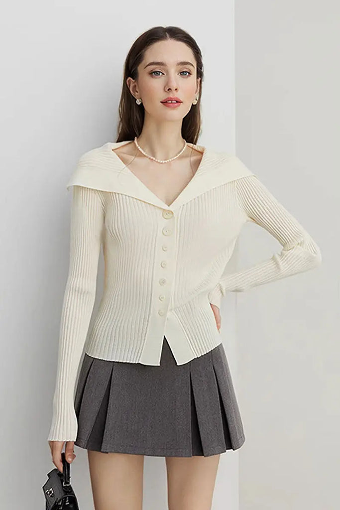 Fibflx Women's 100 Washable Wool Ribbed Cardigan with Oversized Collar