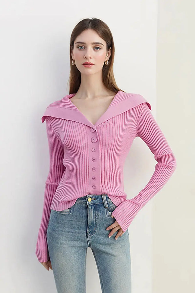 Fibflx Women's 100 Washable Wool Ribbed Cardigan with Oversized Collar