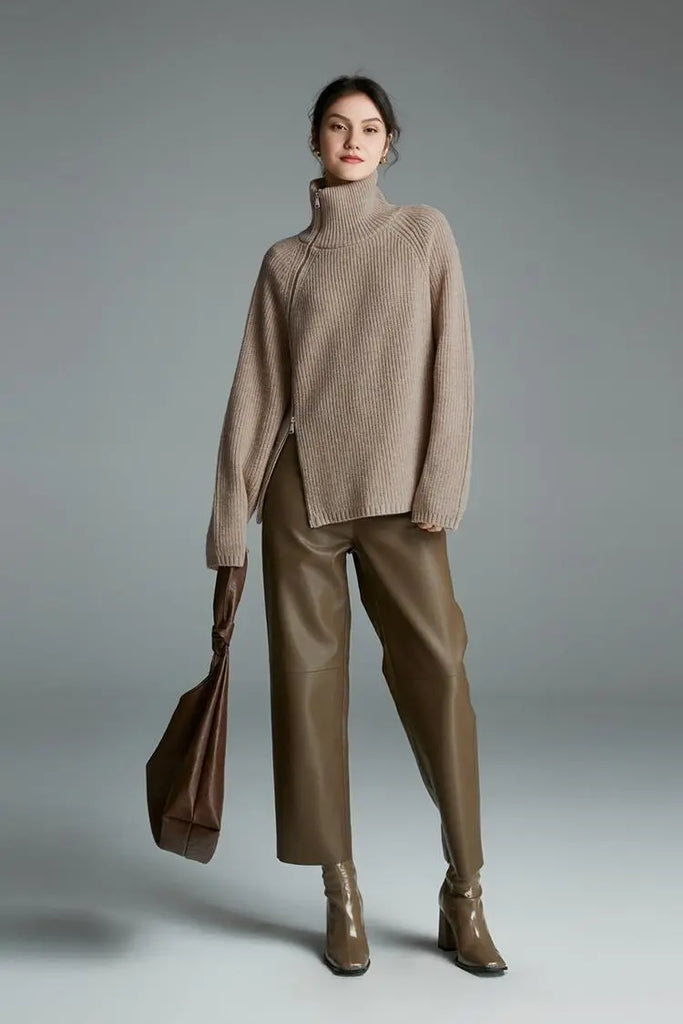 Fibflx Women's 100 Wool Chunky Asymmetric Zip Turtleneck Knit Sweater