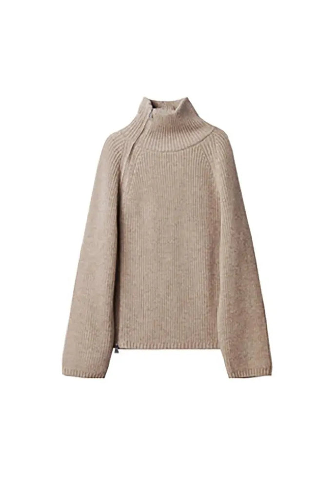 Fibflx Women's 100 Wool Chunky Asymmetric Zip Turtleneck Knit Sweater