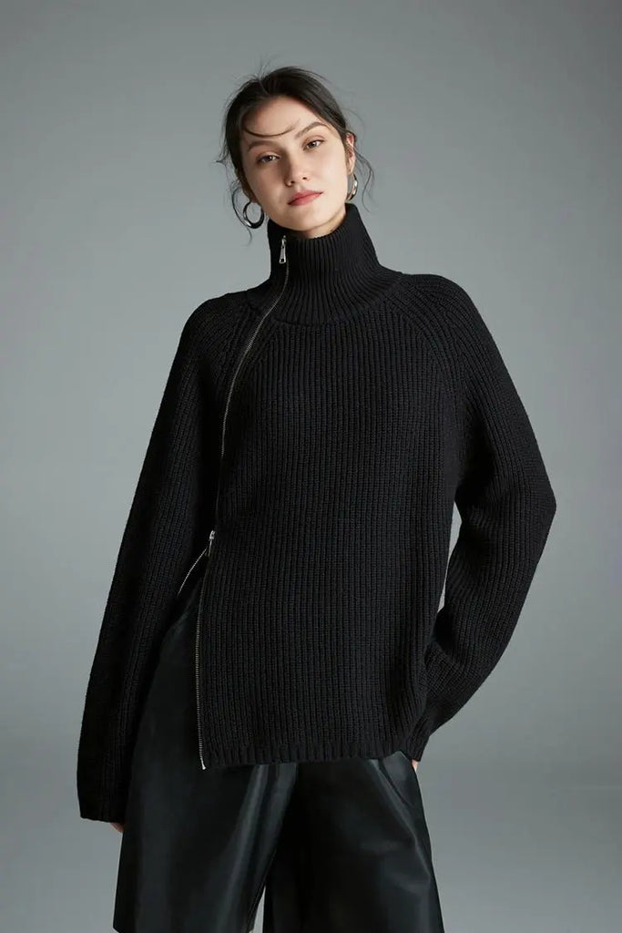 Fibflx Women's 100 Wool Chunky Asymmetric Zip Turtleneck Knit Sweater
