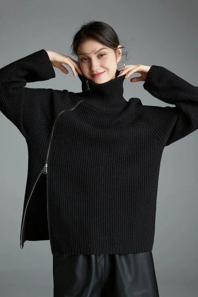 Fibflx Women's 100 Wool Chunky Asymmetric Zip Turtleneck Knit Sweater