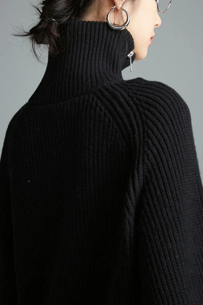 Fibflx Women's 100 Wool Chunky Asymmetric Zip Turtleneck Knit Sweater