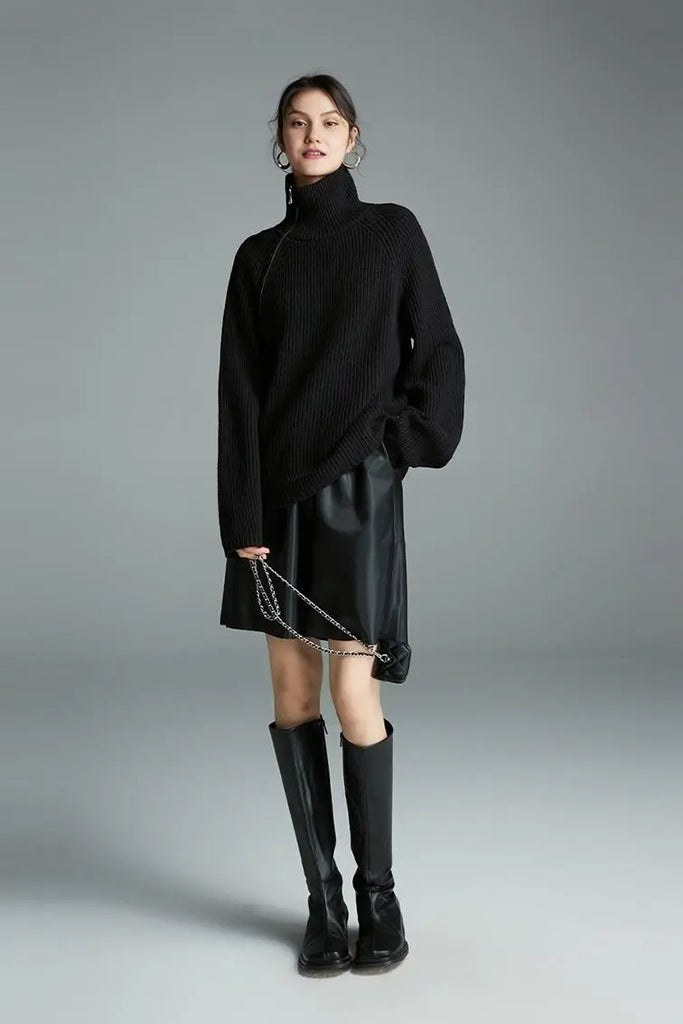 Fibflx Women's 100 Wool Chunky Asymmetric Zip Turtleneck Knit Sweater