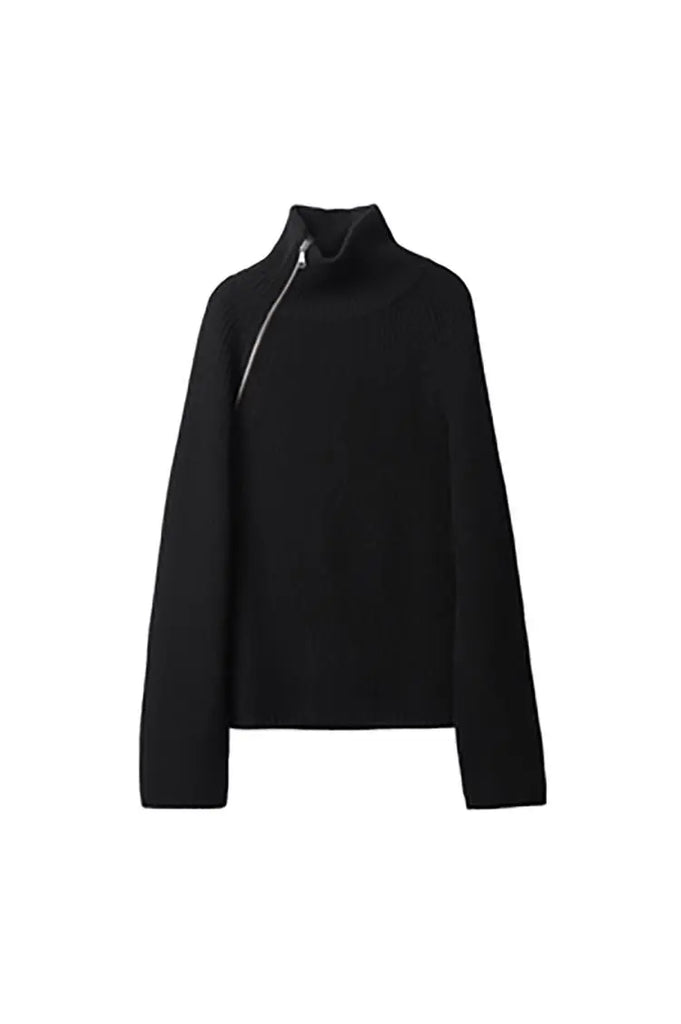 Fibflx Women's 100 Wool Chunky Asymmetric Zip Turtleneck Knit Sweater