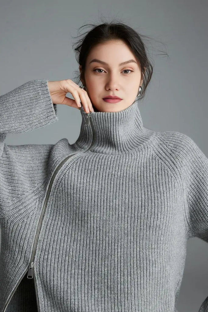 Fibflx Women's 100 Wool Chunky Asymmetric Zip Turtleneck Knit Sweater