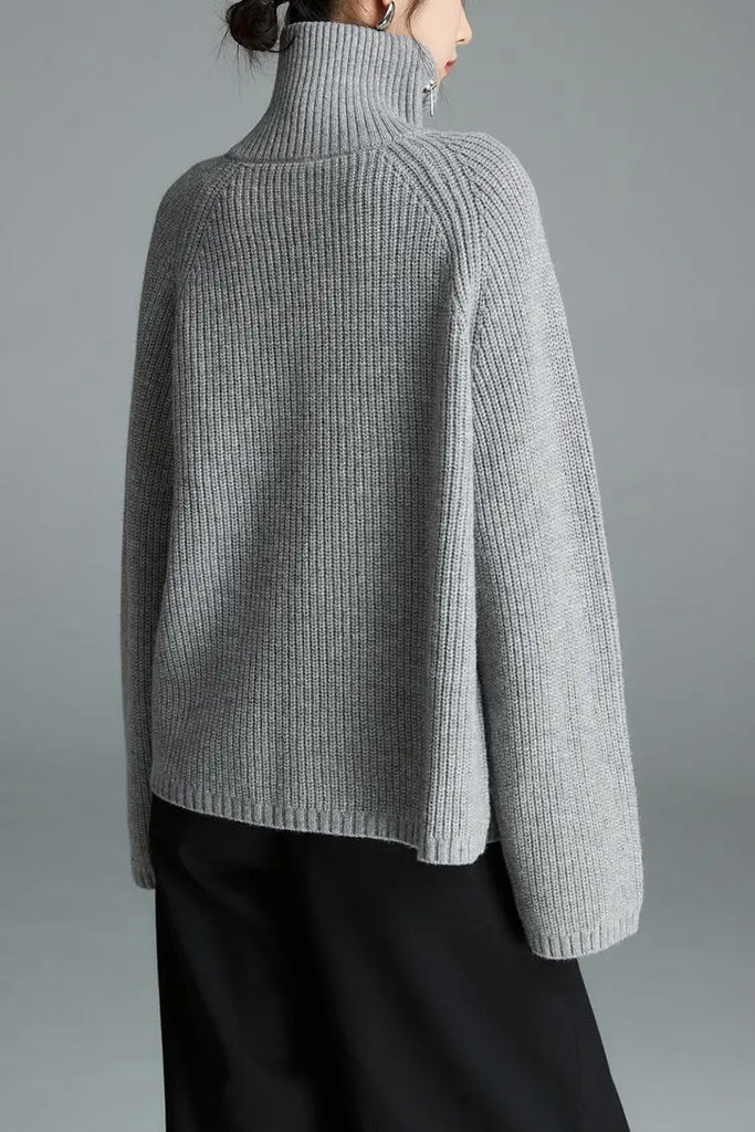 Fibflx Women's 100 Wool Chunky Asymmetric Zip Turtleneck Knit Sweater