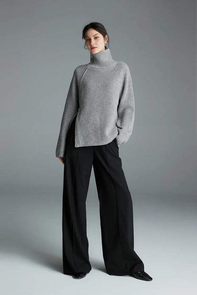 Fibflx Women's 100 Wool Chunky Asymmetric Zip Turtleneck Knit Sweater