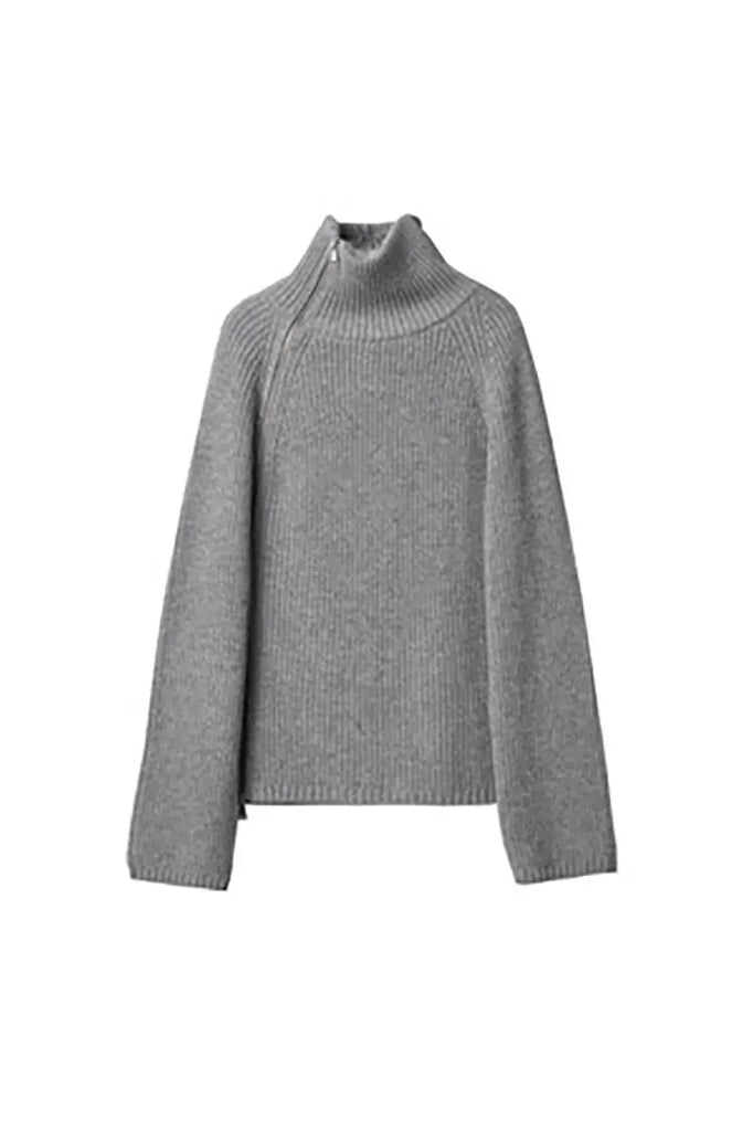 Fibflx Women's 100 Wool Chunky Asymmetric Zip Turtleneck Knit Sweater