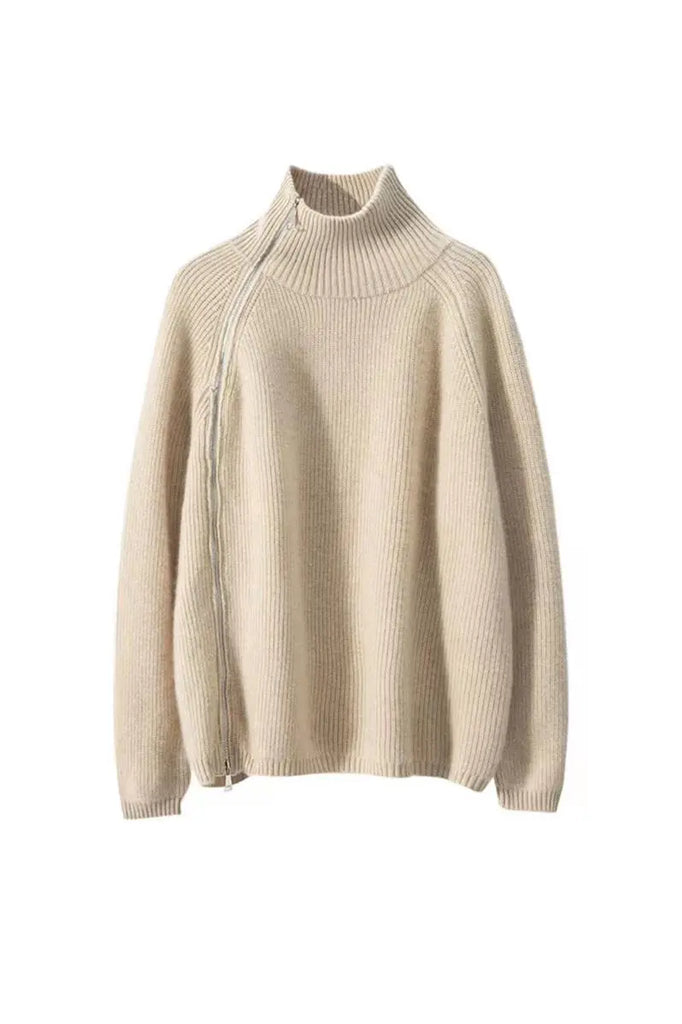 Fibflx Women's 100 Wool Chunky Asymmetric Zip Turtleneck Knit Sweater