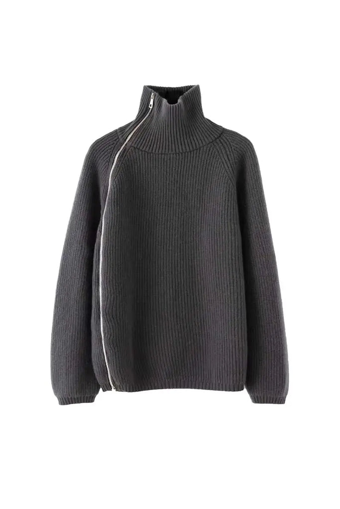 100 Wool Chunky Asymmetric Zip Turtleneck Knit Sweater Fibflx