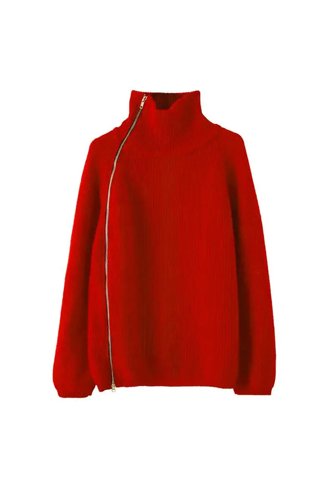 100 Wool Chunky Asymmetric Zip Turtleneck Knit Sweater Fibflx