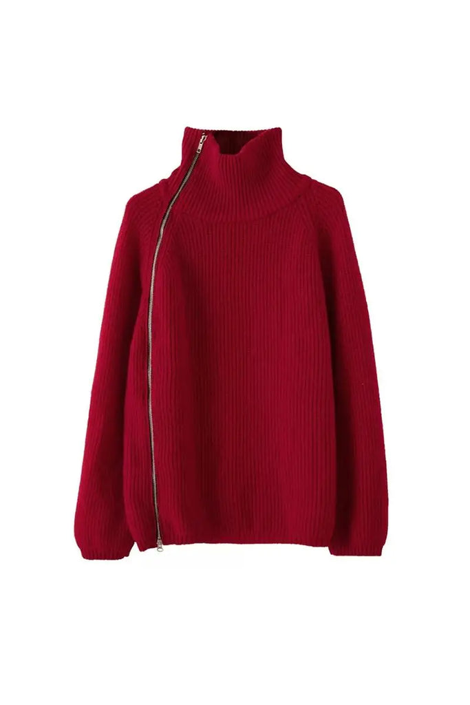 100 Wool Chunky Asymmetric Zip Turtleneck Knit Sweater Fibflx