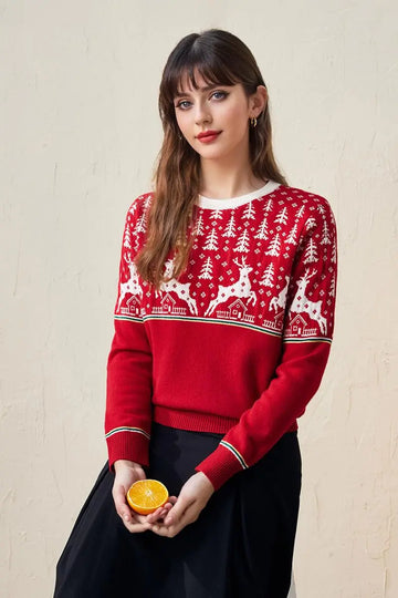 Fibflx Women's 100 Wool Chunky Fair Isle Christmas Crewneck Sweater